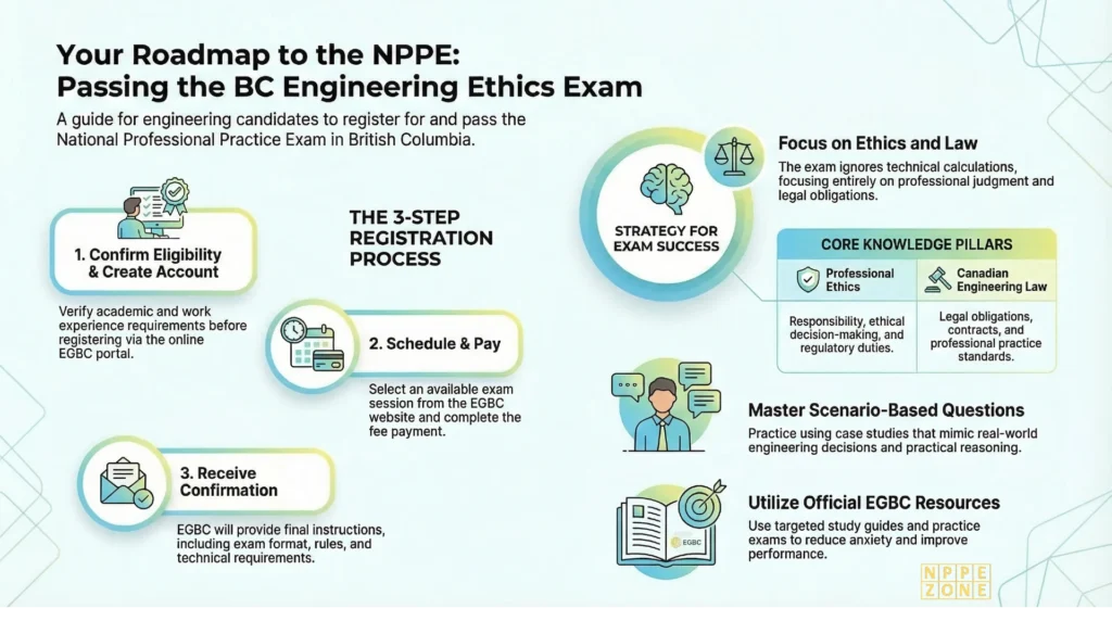 Prepare for the NPPE exam in British Columbia with EGBC using our complete guide. Learn how to register, meet EGBC requirements, study effectively, and master ethics, law, and professional practice to pass the NPPE on your first attempt.