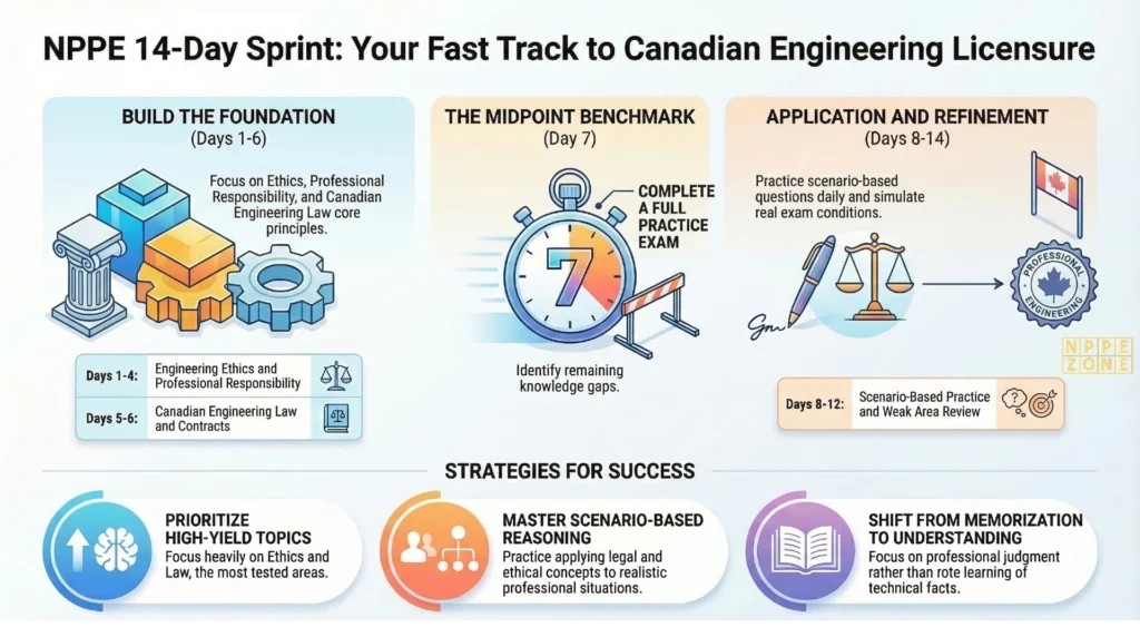 Short on time? Discover an efficient 2-week NPPE exam study plan for engineers in Canada. Get a structured timetable, scenario-based practice tips, and focused strategies to boost confidence, master ethics and Canadian engineering law, and pass the NPPE on your first attempt.