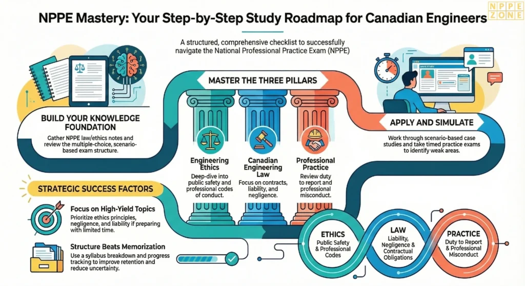 Master the NPPE exam with a complete study checklist for Canadian engineers. Follow a step-by-step preparation plan covering law, ethics, and practice strategies to boost your chances of passing.