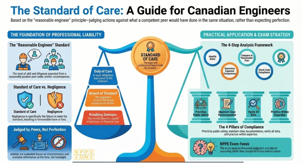 Understand the standard of care in engineering Canada with clear definitions, legal meaning, real-world examples, and NPPE-focused explanations. Learn how it applies to engineers, how it differs from negligence, and how to analyze scenarios using a practical step-by-step approach.