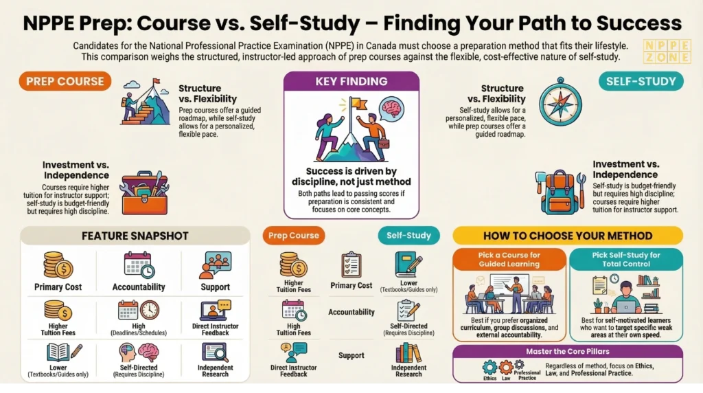 Compare NPPE exam prep course vs self study in Canada. Explore pros and cons, costs, success rates, and study strategies to decide the best way to prepare and pass the NPPE exam with confidence.
