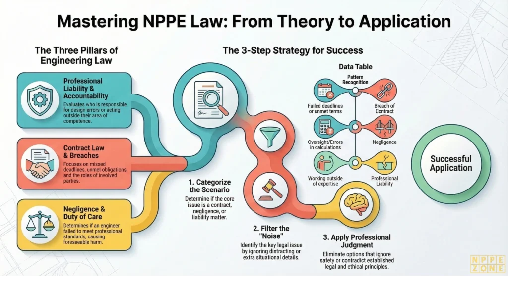 Learn NPPE law questions explained with clear examples, step-by-step strategies, and sample scenarios to help Canadian engineers confidently understand contracts, negligence, and legal principles on the NPPE exam.