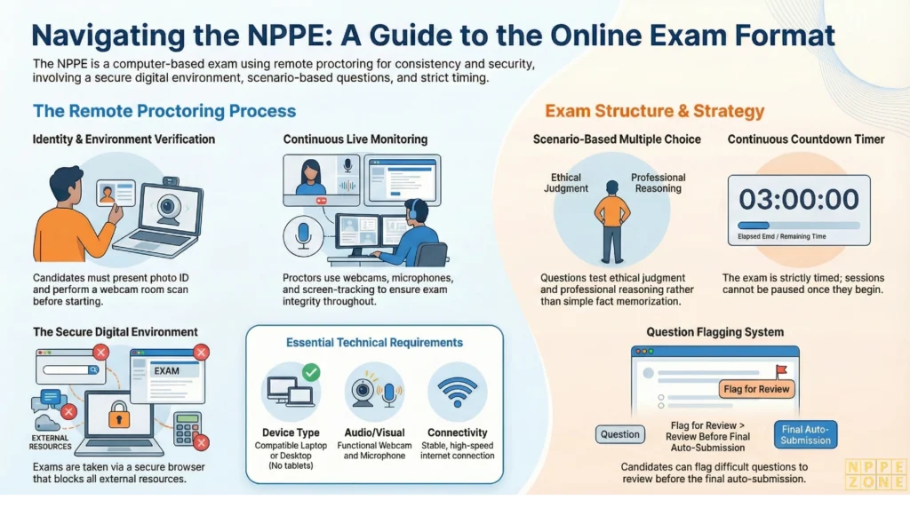 Learn the NPPE exam online format, including computer-based structure, remote proctoring, exam rules, timing, and preparation tips to help Canadian engineers feel confident and ready on exam day.