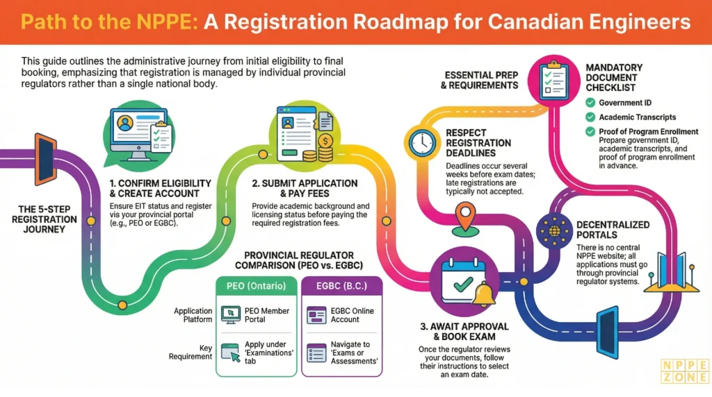 Learn how to register for NPPE exam in Canada with this step-by-step guide covering application requirements, registration process, deadlines, costs, documents, and booking tips for engineers.