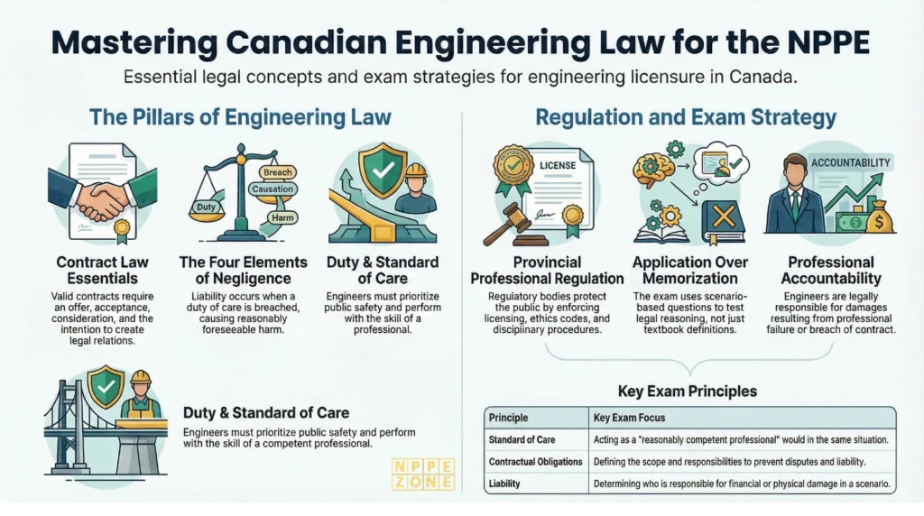 Master Canadian engineering law for NPPE with a clear breakdown of contract law, negligence, liability, and professional regulation, plus practical examples and exam-focused strategies to help you prepare with confidence.