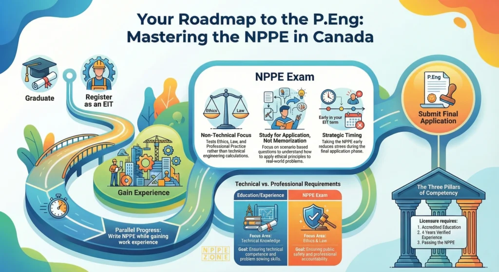 Learn how NPPE for P.Eng licensing in Canada fits into the full engineering licensure process, including requirements, steps, timeline, and proven strategies to pass the NPPE exam and earn your P.Eng designation with confidence.