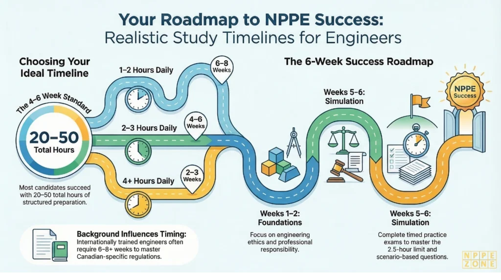 How long should you study for the NPPE exam? Discover the recommended study timeline, hours required, and the best preparation strategy for engineers preparing for the NPPE in Canada.